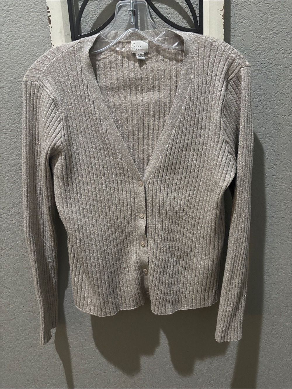 Shimmery Cream Ribbed V-Neck Button Cardigan